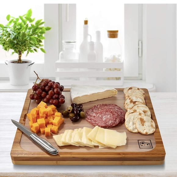 Classic Bamboo Premium Wood Cutting Board Serving Tray w/ 7 Color-Coded Mats - Picture 2 of 4